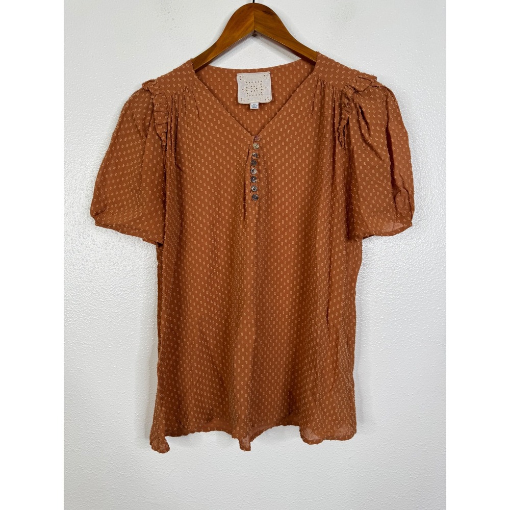 Johnny Was Jade Rust Orange Swiss Dot Ruffle V-Neck Blouse XS L17522-6